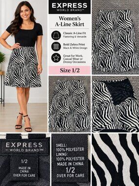 Express World Brand Zebra Print A-Line Midi Skirt Women’s Size 1/2 Black White Y